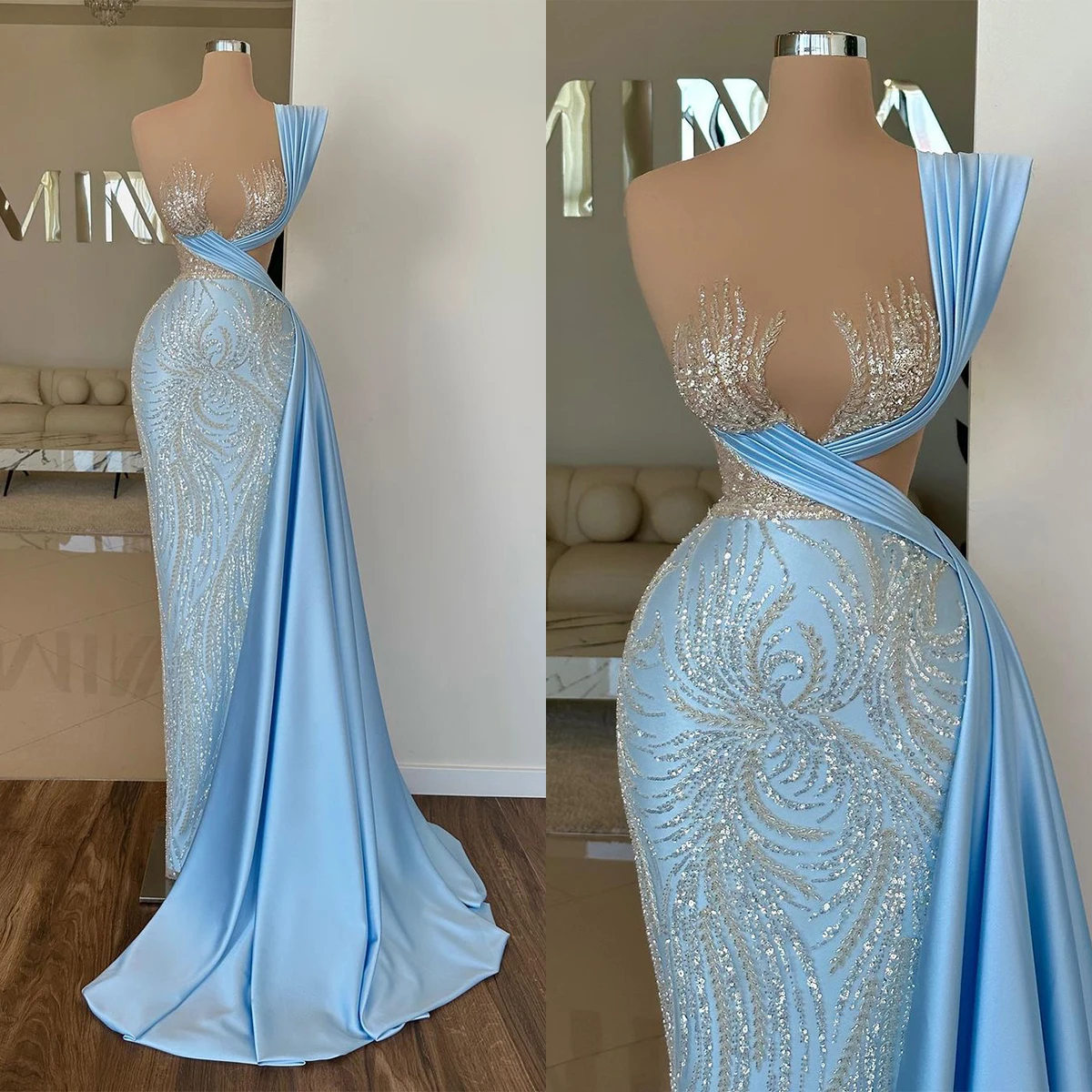 

Sexy Evening Dresses Mermaid Designer Sleeveless Cutaway Sides Appliques Satin Pleats Court Gown Prom Dress Vestido De Noite