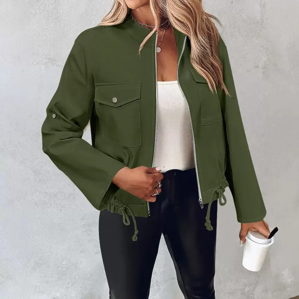 Coat Women Streetwear 2024 Autumn Winter New Fashion Elegant Casual Flap Pocket Roll Tab Sleeve Drawstring Hem Zip Up Jacket