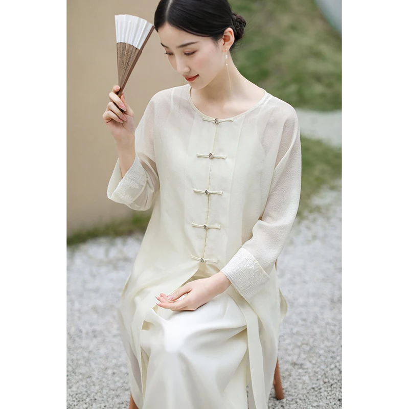 

Весенне-летняя женская одежда в китайском стиле: художественная, ретро, простая, для чаепития, с круглым вырезом, на пуговицах, накидка-рубашка