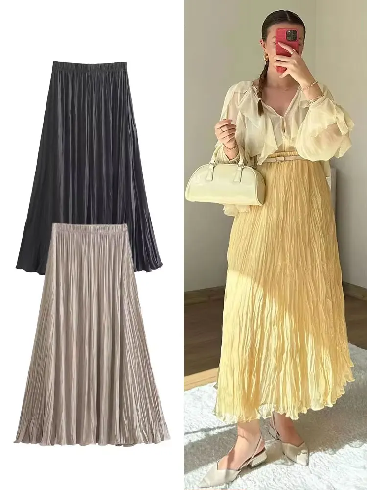 

HH женские модные летние плиссированные юбки элегантные длинные универсальные однотонные складки с эластичной резинкой на талии женские повседневные свободные юбки