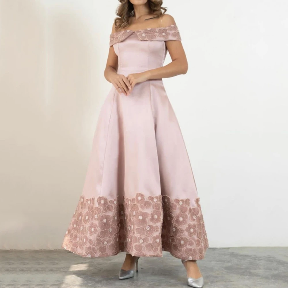 

Arya Ankle Length Evening Dress Off the Shoulder Short Sleeves Women A-Line Applique Customized Occasion Prom Gowns for Wedding