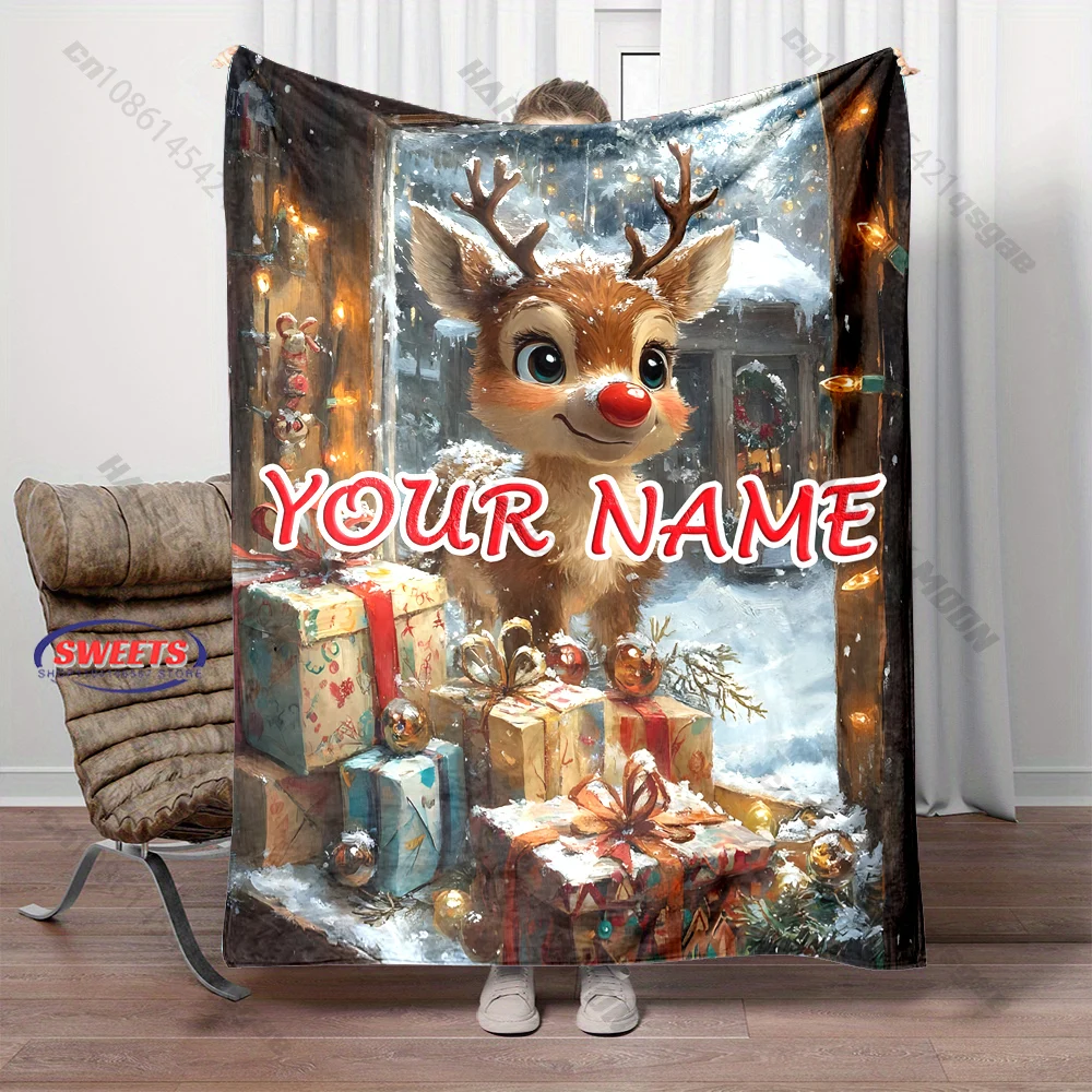 Custom Name Christmas Blanket,Cute Rudolph Reindeer At Window Painting Blanket,Winter Snow Scene Sofa Blanket,Custom Xmas Gift