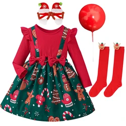 New Year Kids Red Christmas Dress Girls Autumn Winter Cartoon Print Long Sleeve Princess Dresses Casual 1-6 Y Patchwork Clothes