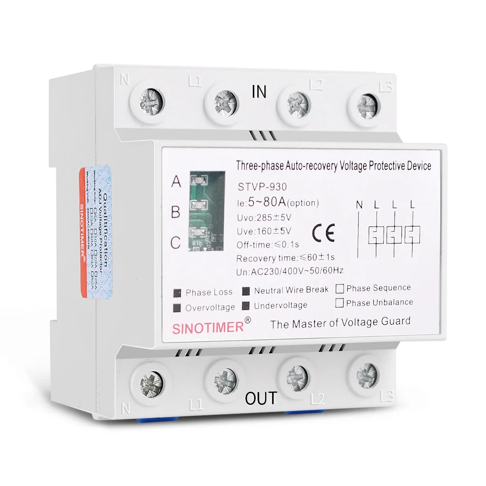 Din Rail Adjustable AC 380V 3 Phase Over and Under Voltage Protector Relays Voltmeter Monitors Phase Sequence Failure Protection