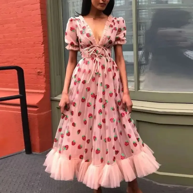 

French Style Strawberry Sequined Long Dress With Ruffles And Bows Womens Summer Clothing For International E-commerce Frother