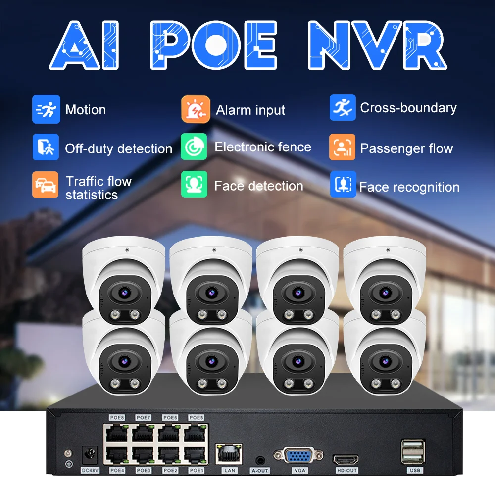 5MP 8 Channel Face Recognition PoE NVR Kit OEM AI Detection CCTV Camera System 4K 10CH Plug And Play Network Video Recorder