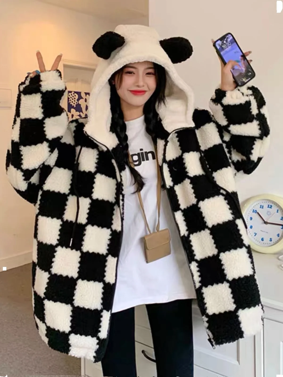 

American Retro Plaid Lamb Fur Jaet Women Winter Cotton Inter Thiened Loose Hooded Fce Cotton Clothes