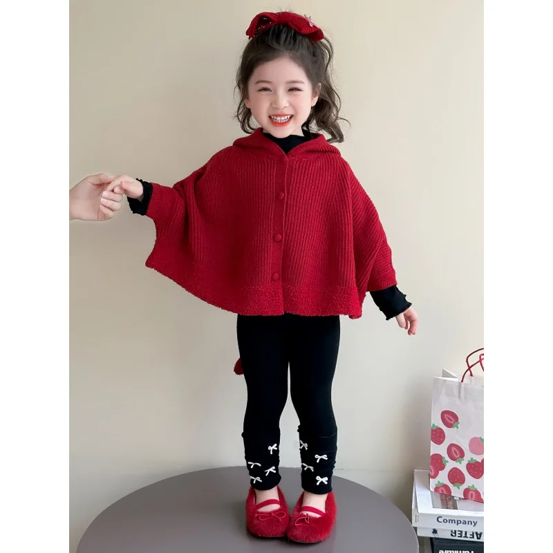 

Girls Sweater Cardigan Spring and Autumn Clothing2025New stylish children's knit cape for girls, loose hooded coat