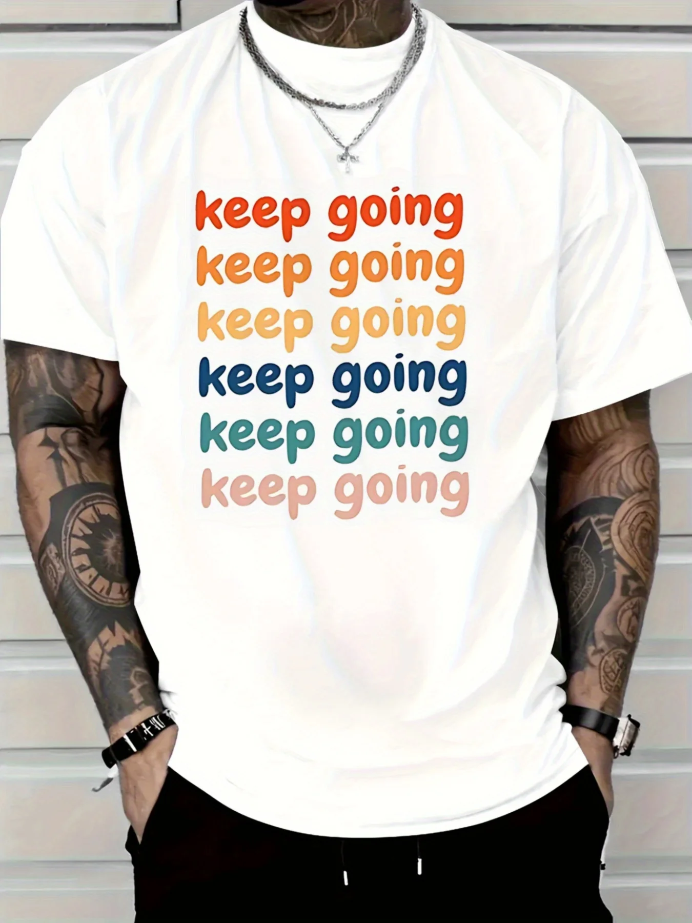 

Мужская футболка с рисунком Keep Going с мотивационным принтом, повседневная футболка обычного кроя, футболка с мотивационным принтом, удобная посадка