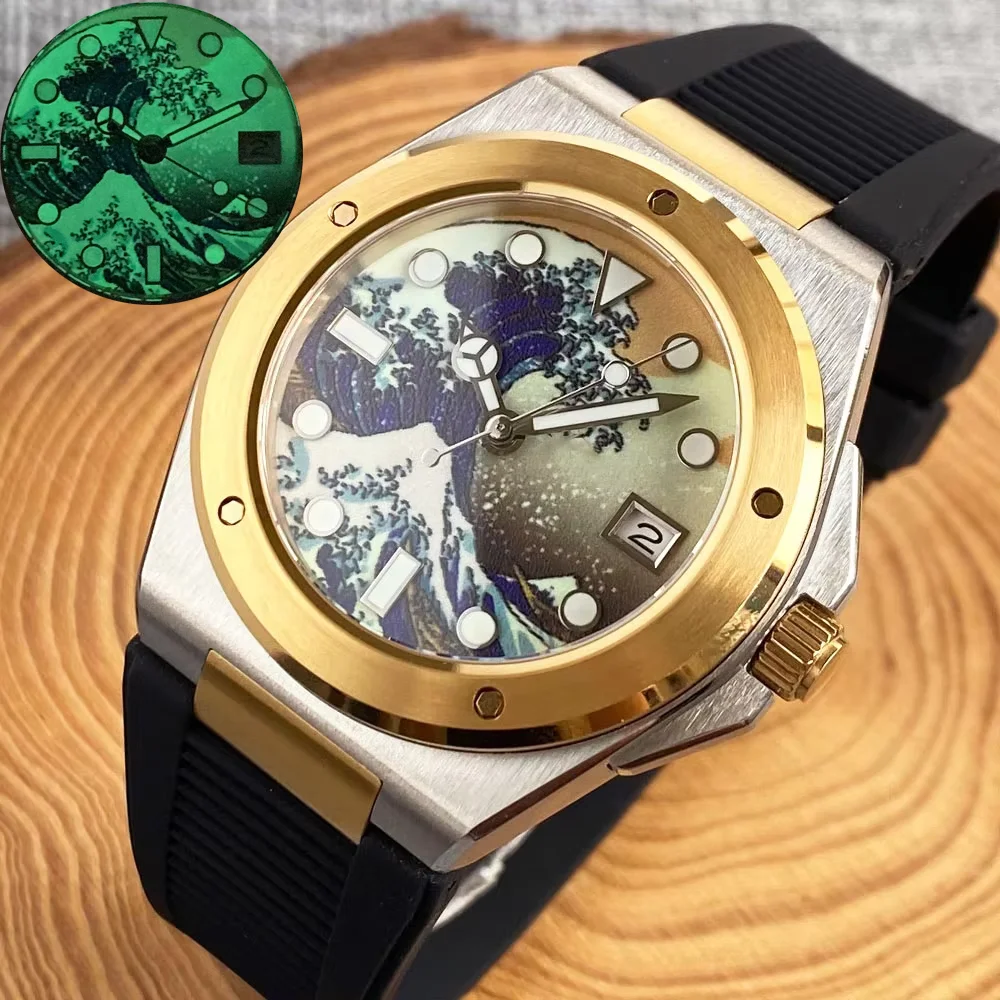 

Модный двухцветный корпус 40 мм, циферблат для серфинга Канагава, полностью зеленый светящийся NH35, механические мужские часы, резиновый ремешок, сапфировое стекло