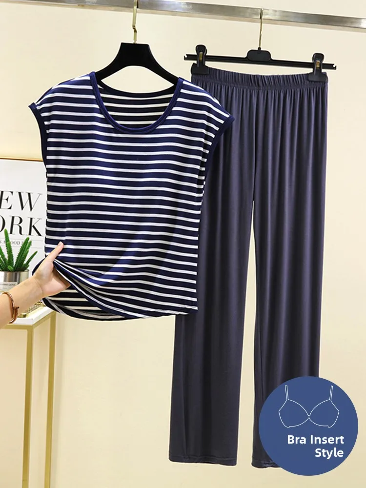 

Loose Modal T-irt Pants Set Summer Thin Cotton Casual Home Clothes Large Size Spwear round Ne Svel Striped Pattern