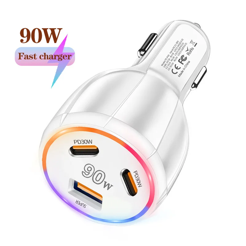 

90W 3Port Car Super Fast charger QC3.0+2xPD30W for HUAWEI/iPhone/Samsung/Xiaomi/Vivo fast charging cigarette lighter adapter