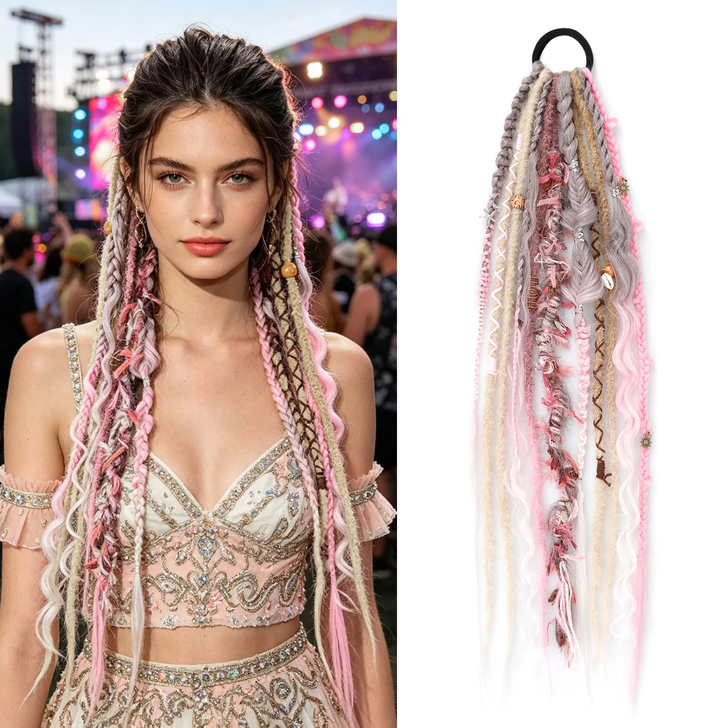 Boho Dreadlock Hair Extension Synthetic Braided Ponytails 22In Elastic Hand-Braided Viking Braid Hairpiece Salty Soul with Beads