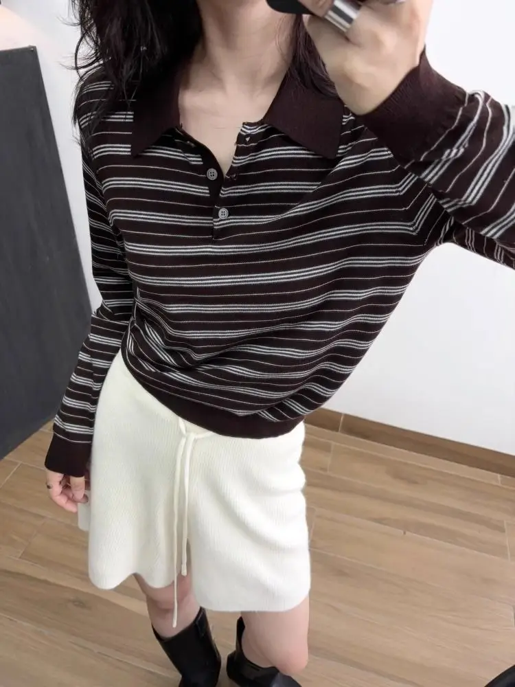 

Vintage Striped Knitted Polo Shirt Long Sleeve Tops Woman 2025 Autumn Fashion Casual Long Sleeve T-shirt Pullover