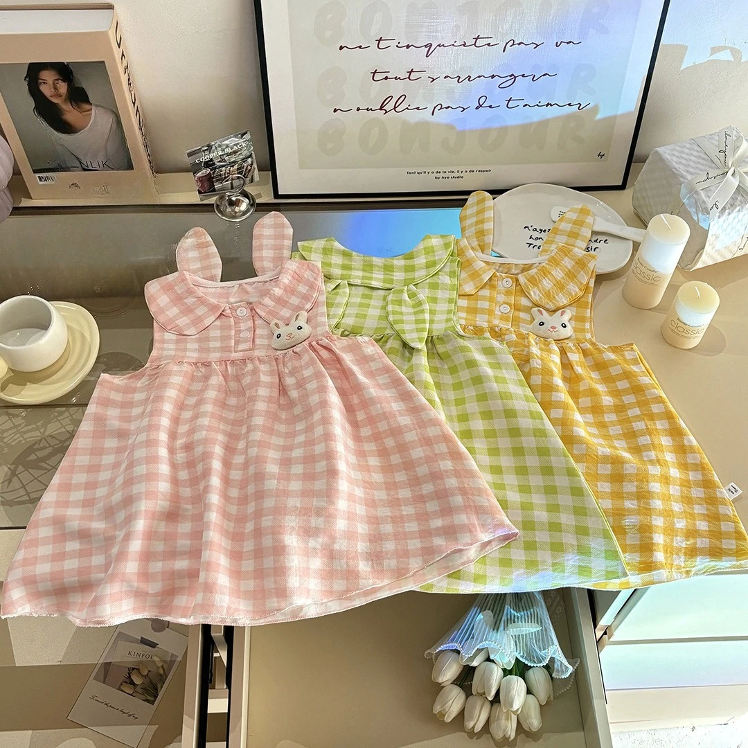 Girls Doll Collar Plaid Sleeveless Cute Rabbit Princess Style Dress Summer With Ear Decoration Daily Holiday Colorful Sweet Wear