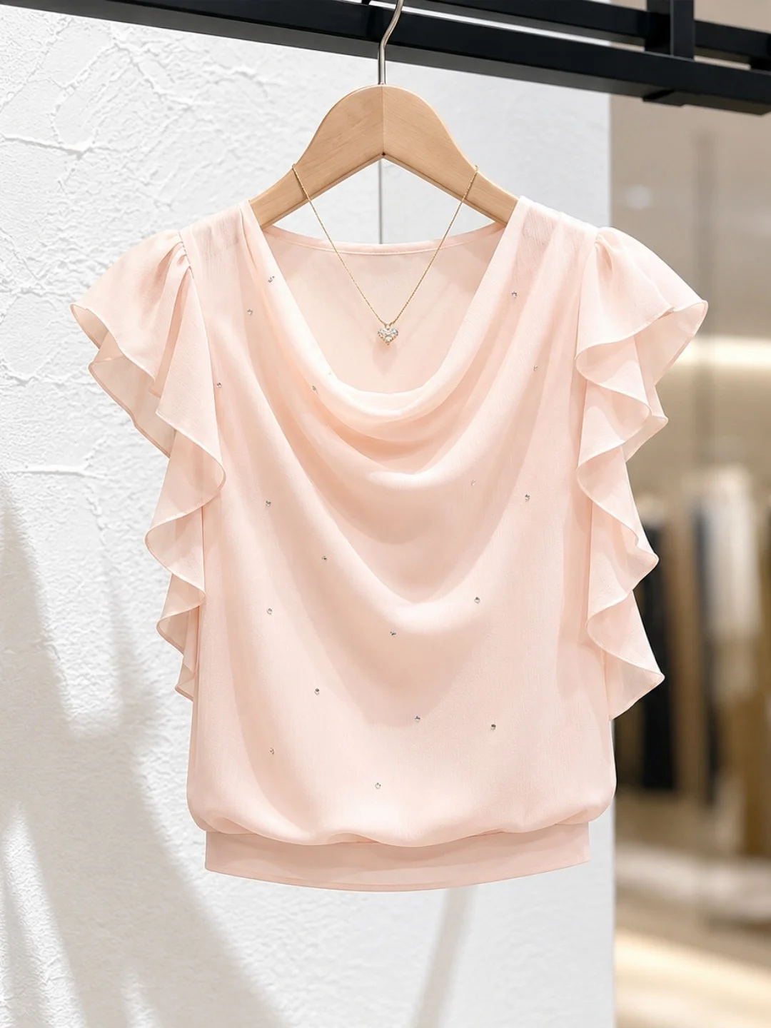 

Elegant Short Sleeve Shirt Fashionable Summer Design Gentle Wind Unique Style Korean Version Straight Cut Silk Top for Women