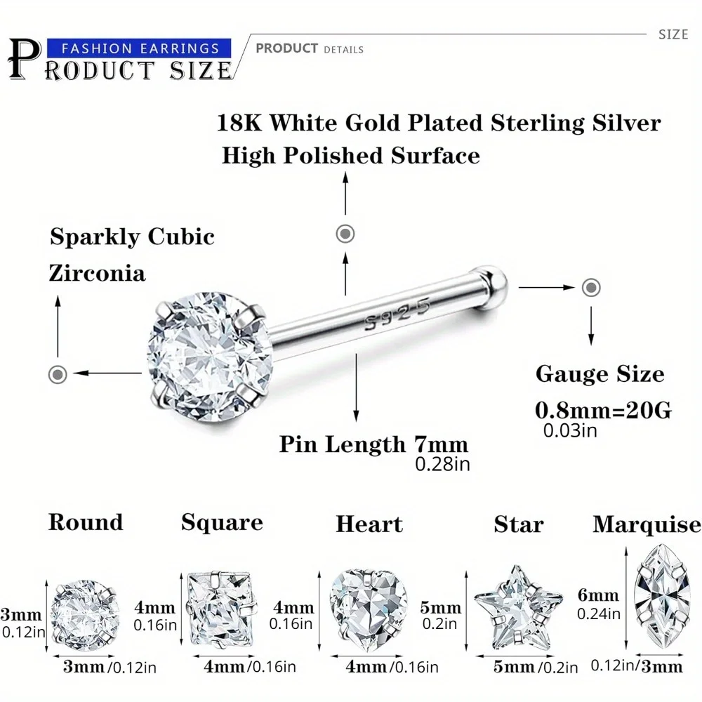CASSIECA 1Pc Nose Studs for Women Men Star Marquise Heart Square Round Shaped CZ L Shape Piercing Jewelry