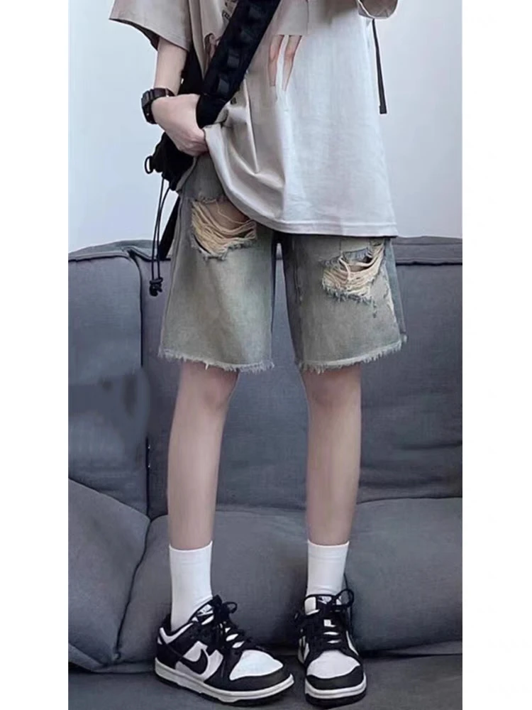 Jeans Donna Dolce Studenti Lunghezza al ginocchio Denim strappato allentato Giovane semplice stile retrò americano Chic Distressed Harajuku High Street