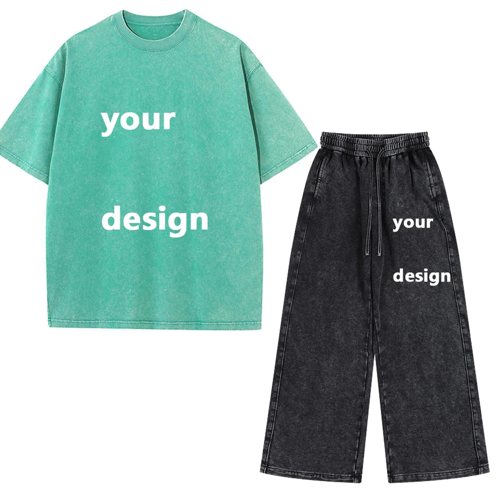 Men Women Cotton Washed T Shirt Pants Set 230G Custom Printed T Shirt Matching Set DIY Logo Pattern Casual Streetwear Outfit view 6