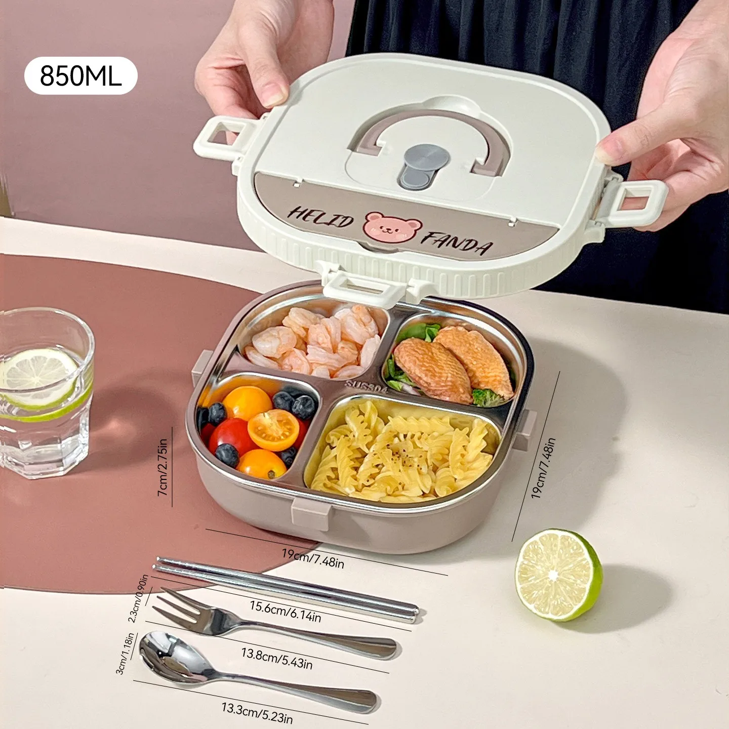 850/900ml 304 roestvrijstalen gedeelde bento box met bestek, magnetronbestendig, grote capaciteit, lekvrije lunchbox voor studenten en kinderen