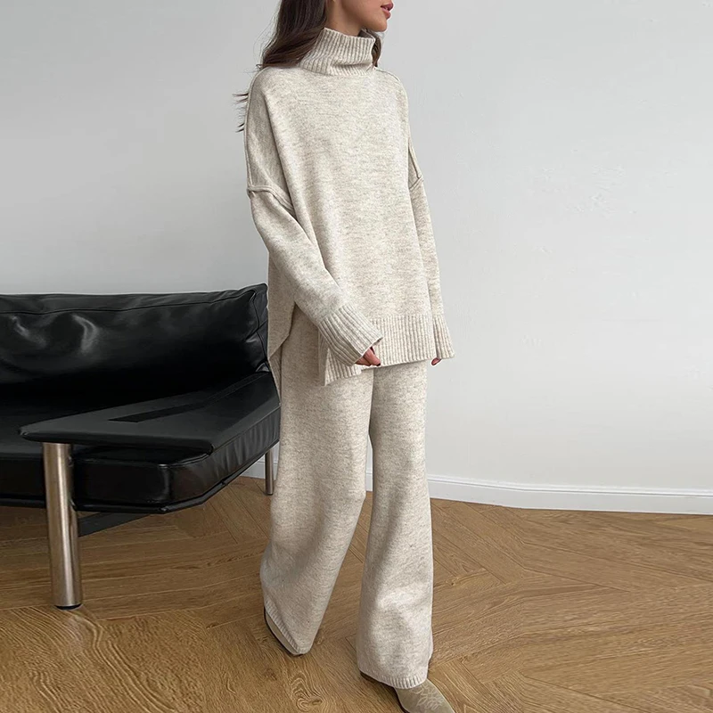 2026 Casual Home Knitwear Suit Simple Solid Color Loose Autumn Outfit O Neck Long Sleeve Sweater and Pants Women Two Piece Set