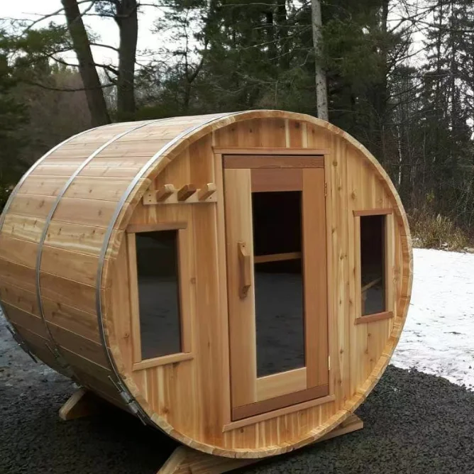 Hot Sale 4-Person Cedar Outdoor Electric 220v Barrel Sauna Solid Wood Wet Steam Control Panel Custom Designed for Villas 6kw