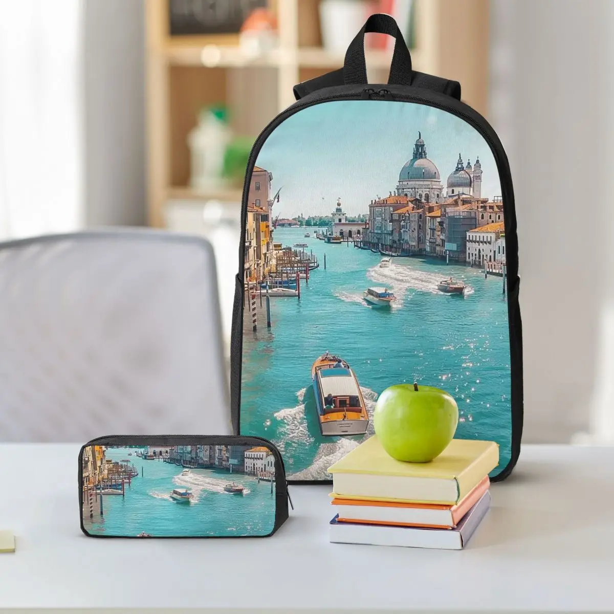 Venice Canal Italy Landscape Backpack Student BookBag School Bag Shoulder Bags 3ps Insulated Lunch Bag Pencil Case