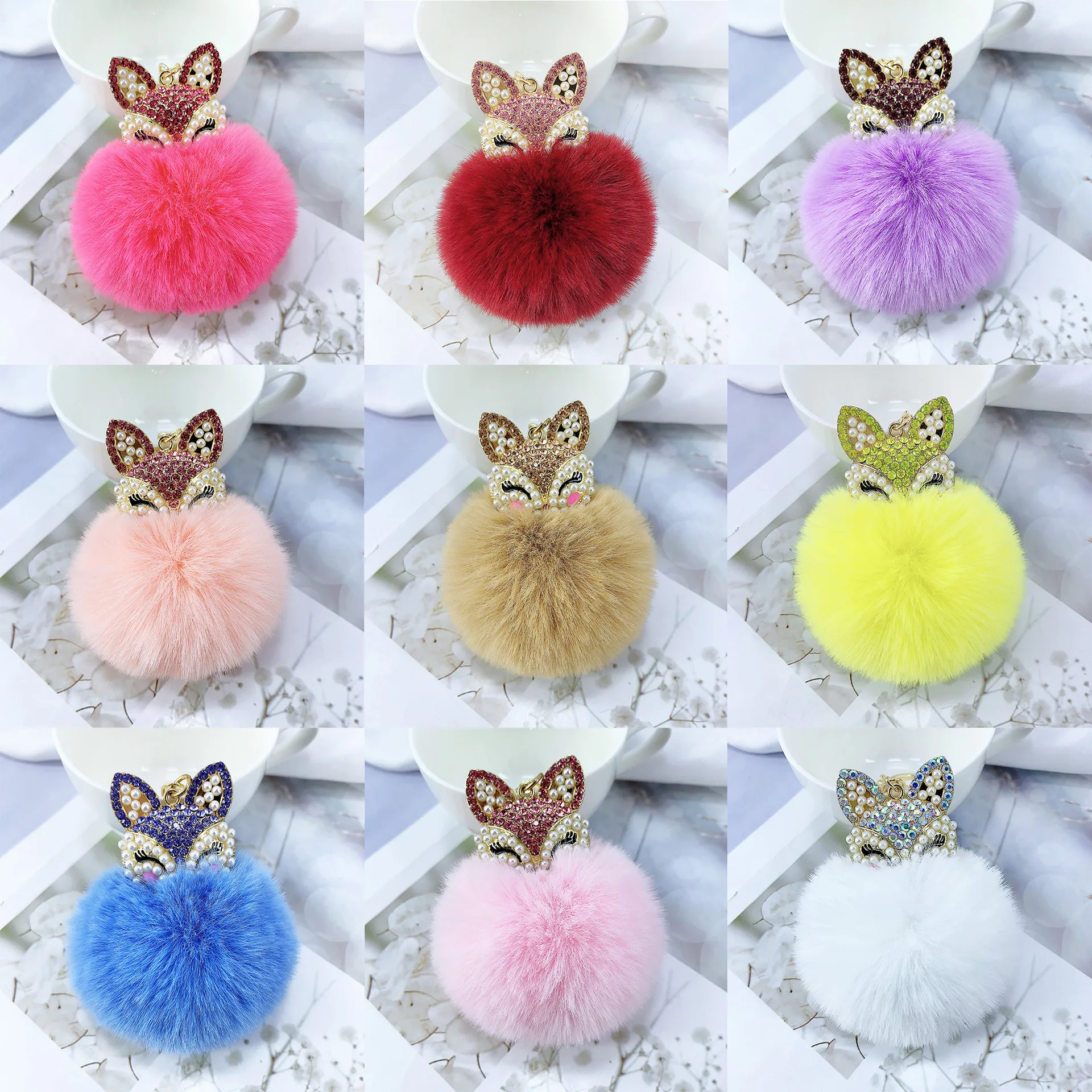 Cute Fluffy Key Ring for Women, Animal Pom Pom Keychain, Bag Accessories