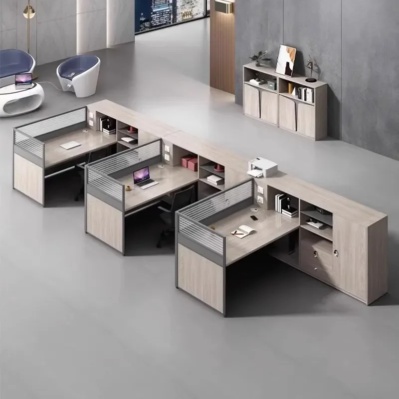 Office Desk and Chair Combination with Screen Staff Table Log Color Personnel Finance Computer Workstation
