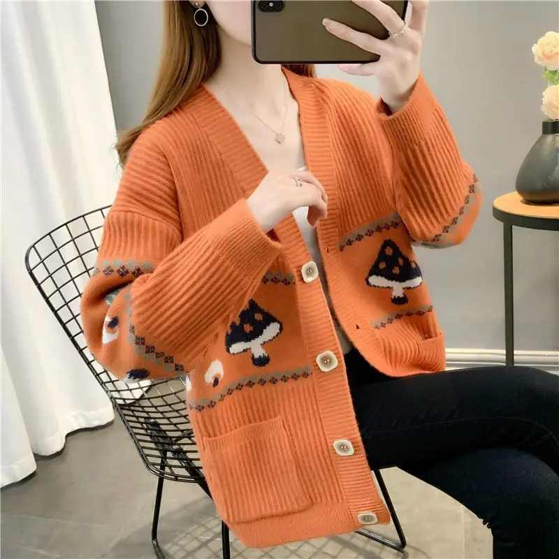 2023 New Lazy Style Women\'s Simple Embroidered Coat Loose Reducing Age Knitted Cardigan Spring and Autumn Button Long Sleeve Top