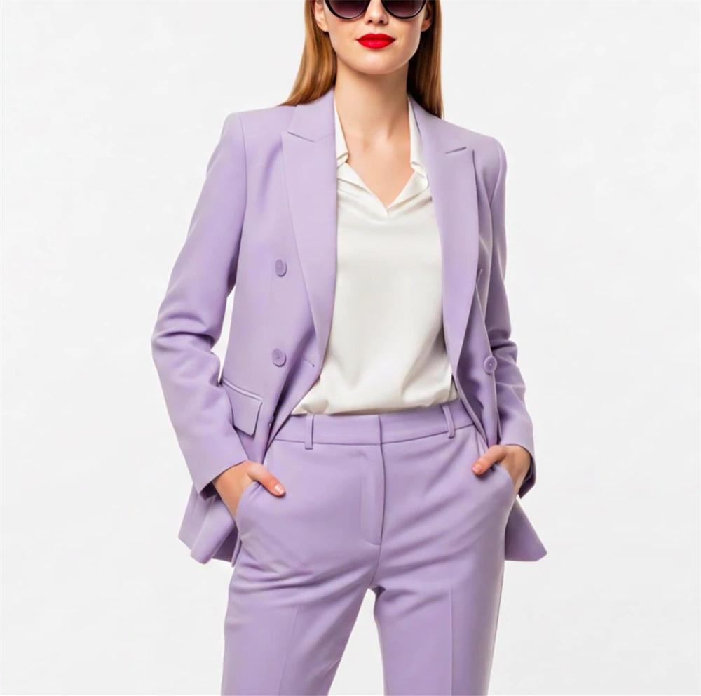 Modern Women's Suits 2 Pcs Lavender Double Breasted Pantsuit Set Tailored Evening and Business Outfit Office Suit (Blazer+Pants)