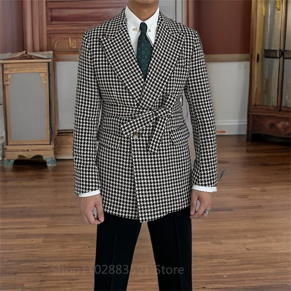 Houndstooth Double Breasted Wedding Suits For Men 2 Piece Slim Fit Male Fashion Groom Tuxedo Set With Belt Latest Design 2024