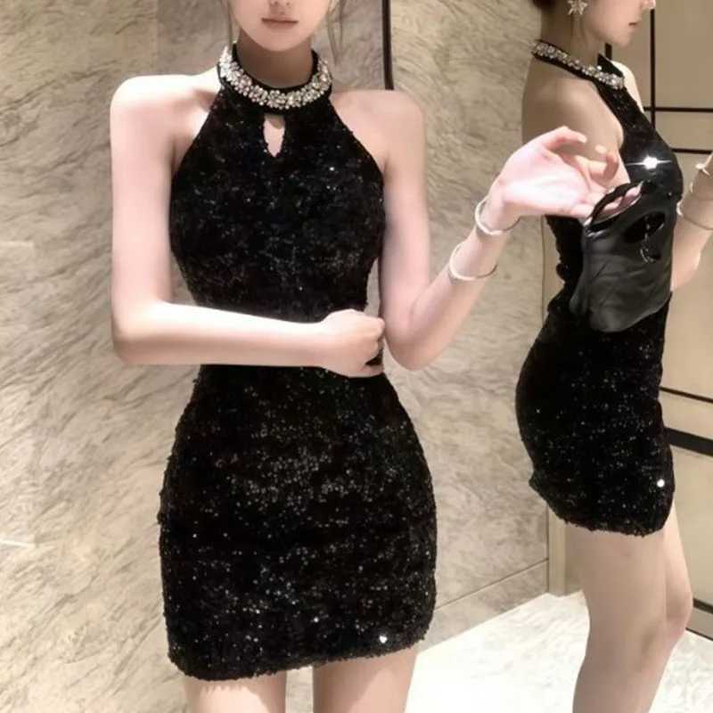 

Sparkly Sequin Halter Neck Mini Dress Women's Rhinestone Trim Backless Bodycon Party Cocktail bwear