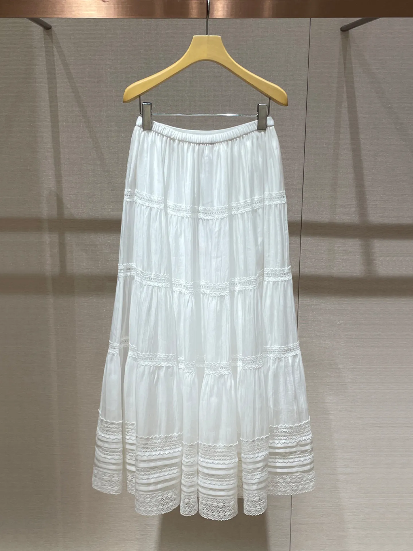 Holiday style French temperament lace splicing high waist A word medium and long skirt