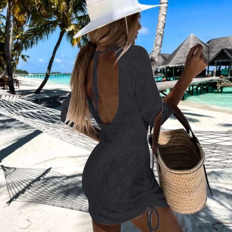 Summer Bodycon Knit Dress, Women's Long Sleeve Swimsuit Crochet Bikini Cover Up, Sexy Backless Lace Up Beach Mini Dress Tunic