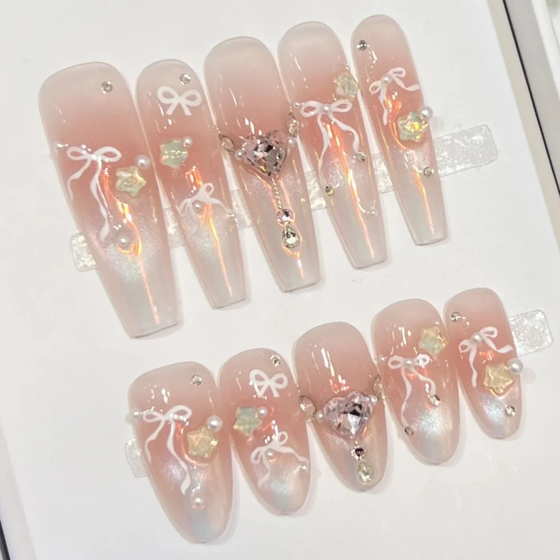 

10Pcs Bowknot Handmade DIY Press on Nails French False Nails with Rhinestone Butterfly False Nails for Christmas Party Wedding