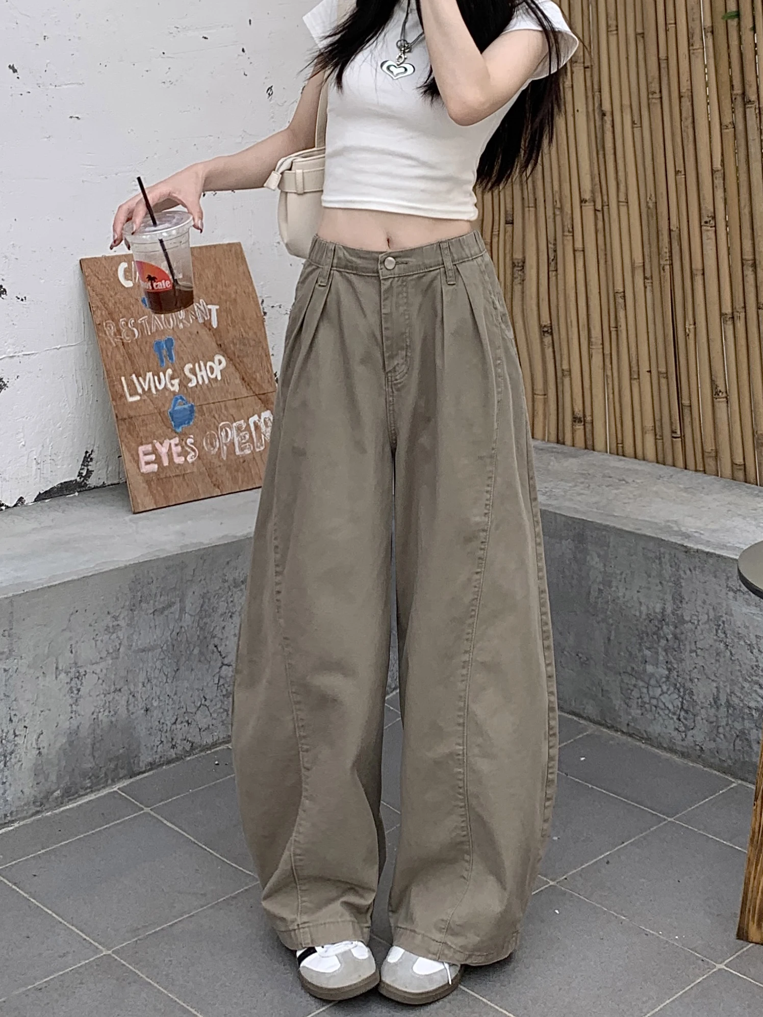 

Retro American Khaki Curved Knife Pants Faded Denim Women's Summer Slimming Versatile Loose Wide Leg Long Trousers