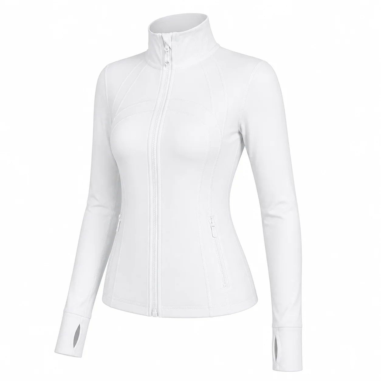 Women's White Slim Fit Athletic Jacket Matching Zipper Stand Collar Thumbhole Sleeves for Yoga Running Gym