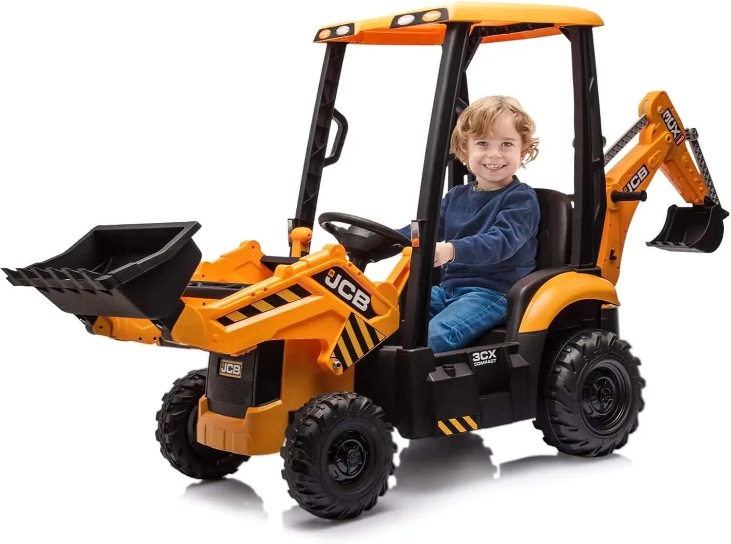 4 in 1 Ride on Excavator, 12V Licensed JCB Excavator Ride on Toy with Remote Control, Front Loader, Horn and EVA Tires