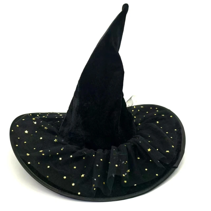 Y5GC Black Witches Witch Hat for Women Star Lace Witch Caps Halloween Cosplay Costumes