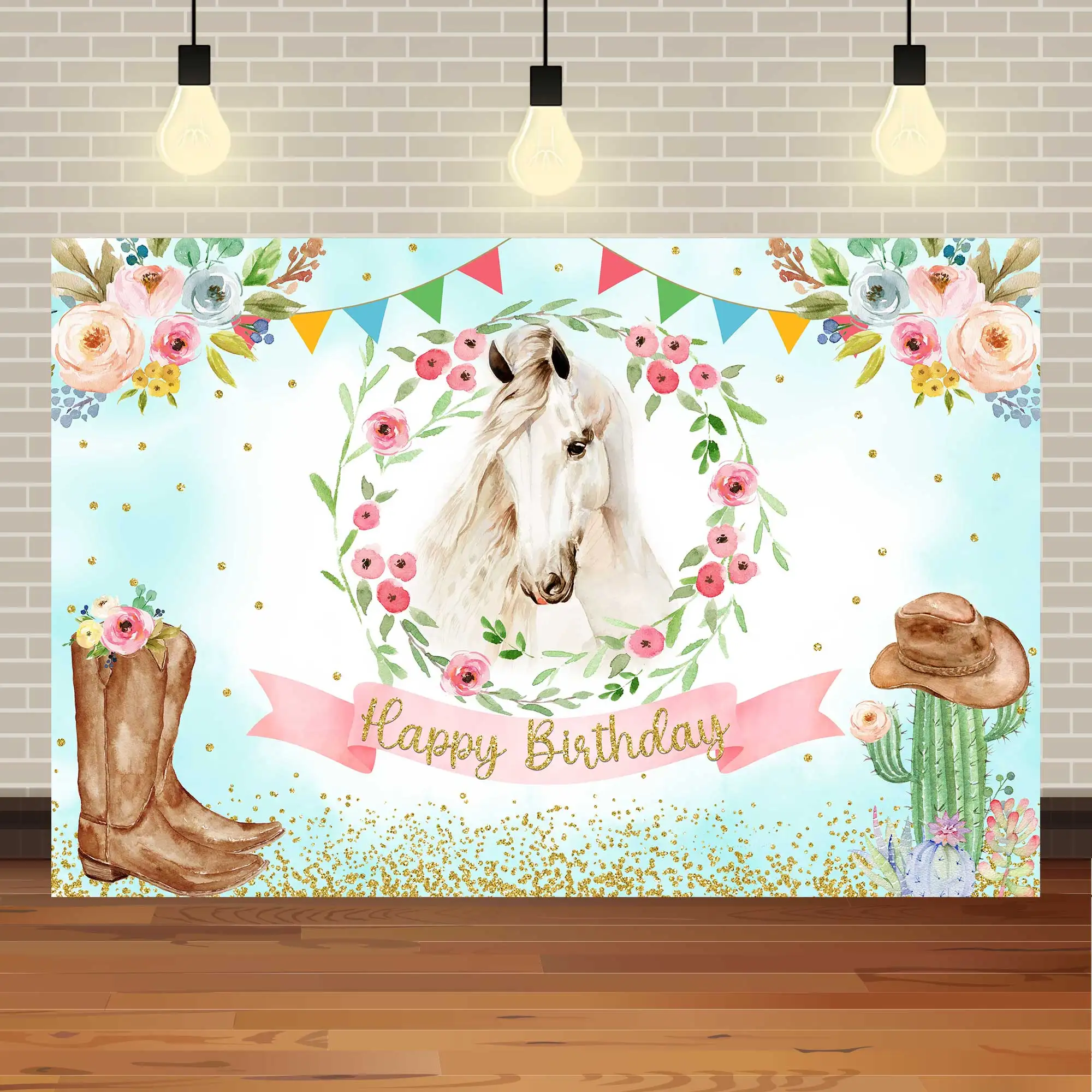 NeoBack عيد ميلاد سعيد الحصان المهر المائية الزهور الذهبي بريق ملون حفلة صور خلفية التصوير خلفية