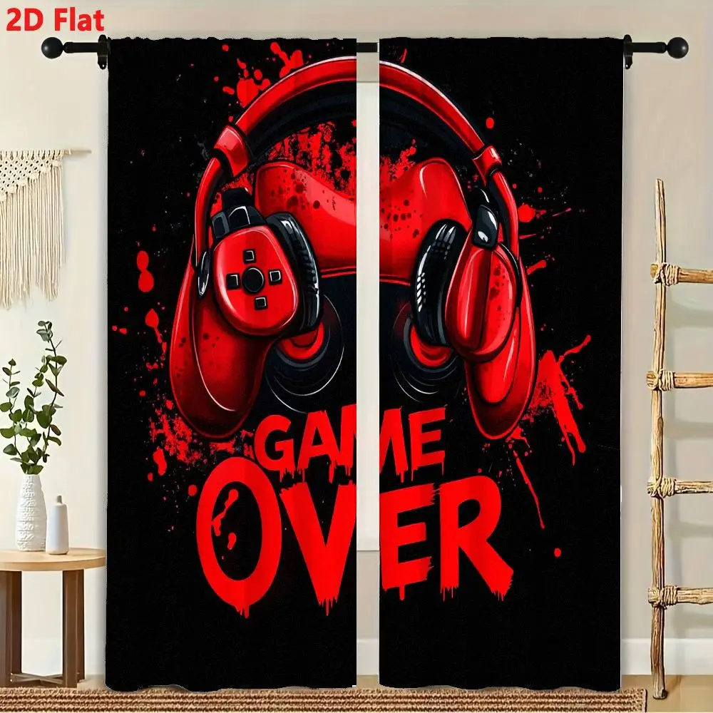 2Pcs Curtain RED GAMING HEADPHONE AND CONTROLLER  Window Drapes For Bedroom Living Room Decoration Window Treatment.