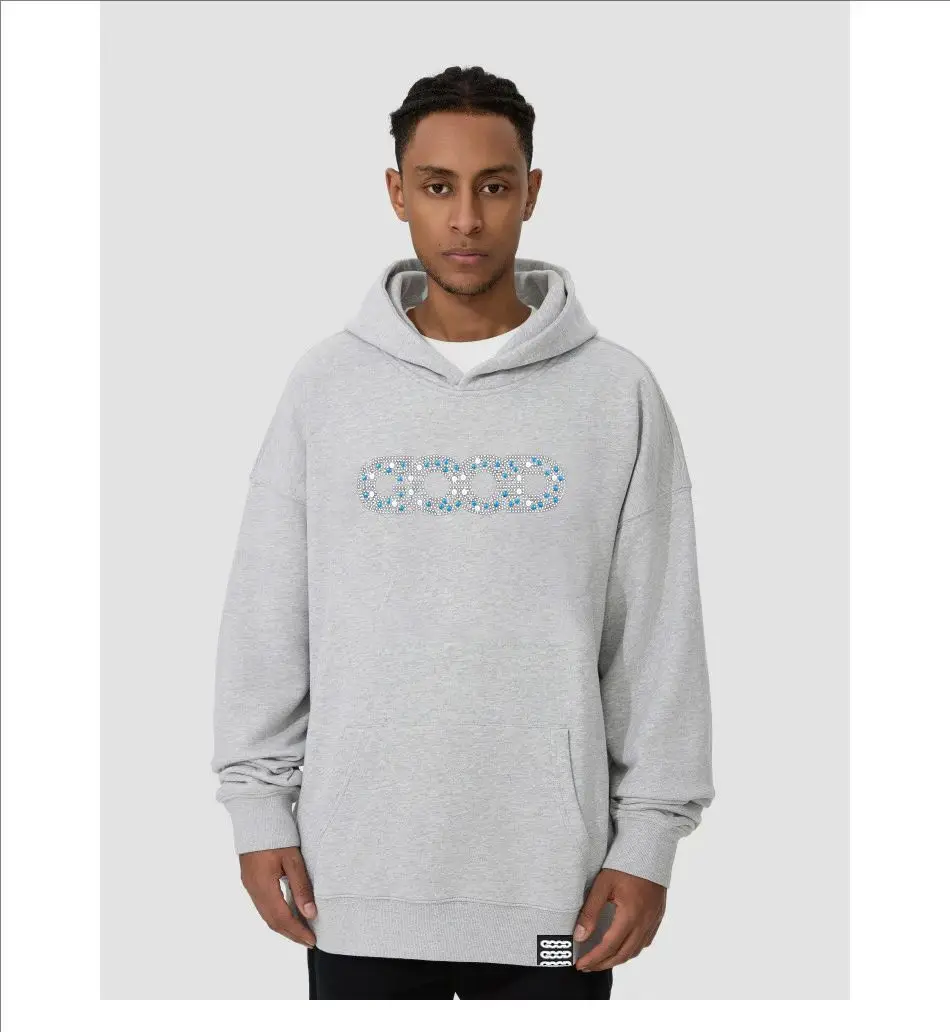 プレミアム品質の良質な新品、青がかったラインストーン付きフーディースウェットシャツ、カジュアルな秋冬ユニセックストップス