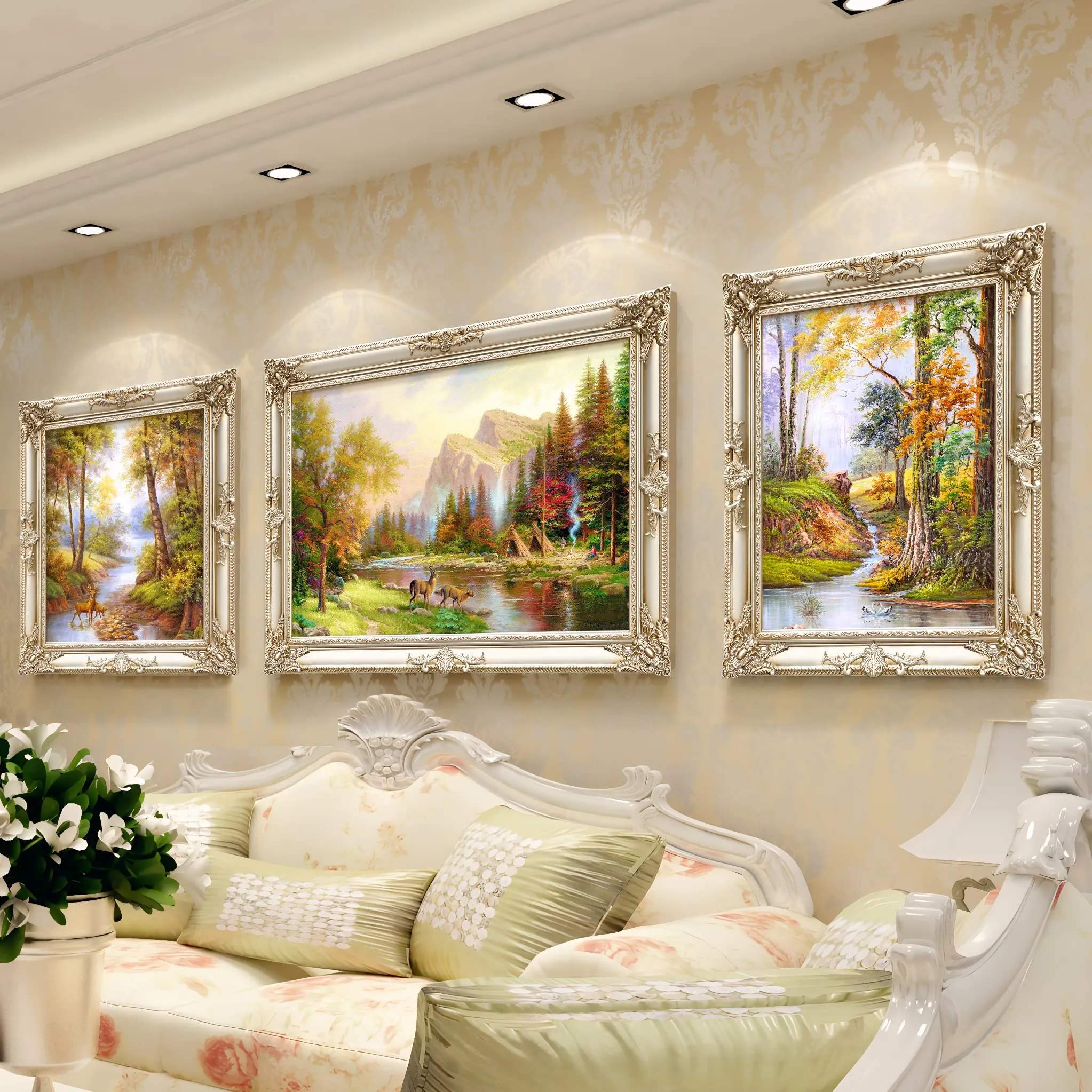 Living room mural sofa background wall decorative painting Sanlian landscape cornucopia European handmade three-dimensional oil
