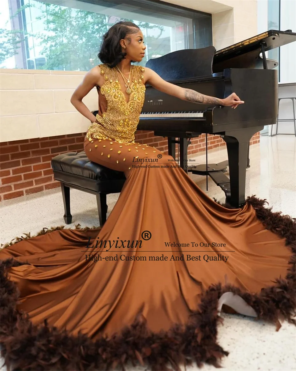 Luxury Brown Prom Dresses 2024 Sheer O-neck Sparkly Diamond Black Girls Feather Mermaid Party Formal Evening Gowns