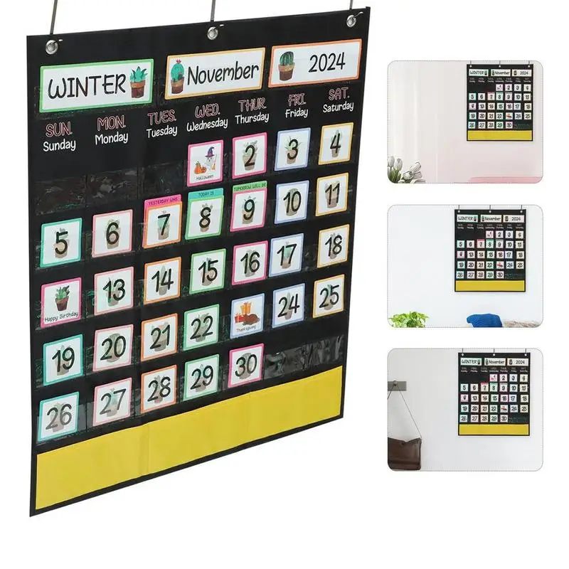 Calendario gráfico de bolsillo para el aula, tabla de bolsillo para el tiempo, calendario negro, tabla de bolsillo de pared educativa