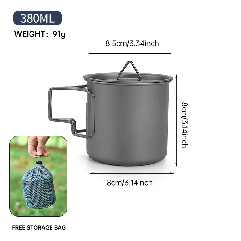 Tasse de Pot en titane 380ml, tasse de Camping, tasse en titane pur, tasse à café pour l'extérieur