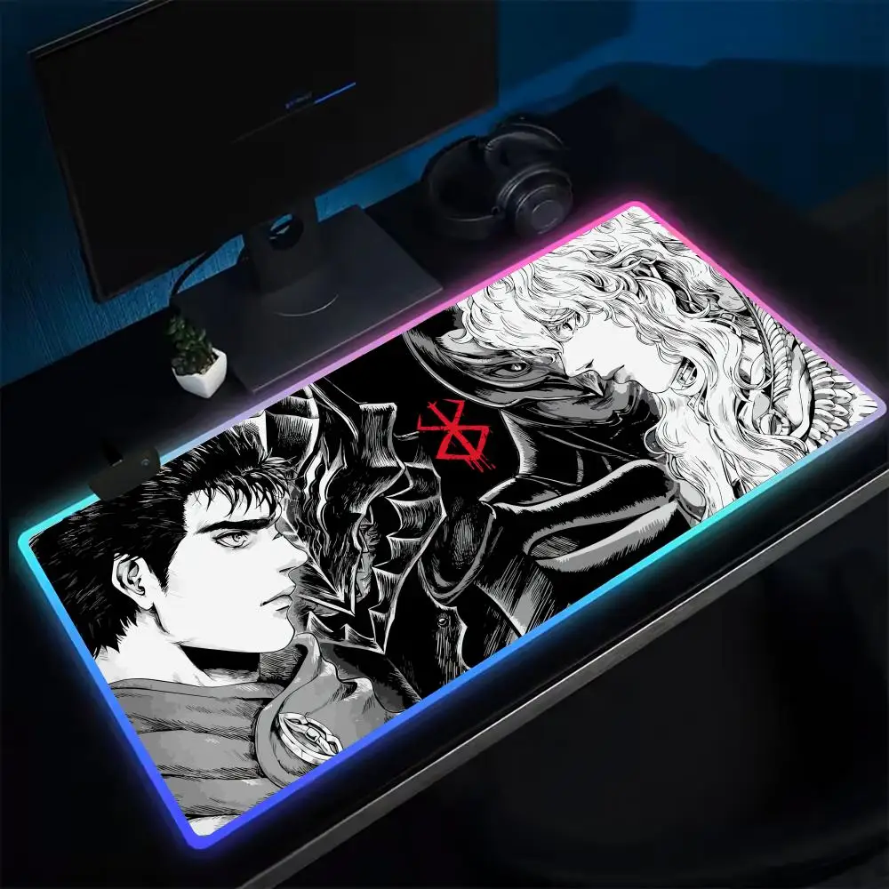 

Коврик для мыши Hoyo Berserk, игровой коврик для мыши в стиле аниме, светодиодные настольные коврики с подсветкой, резиновые настольные коврики XXL RGB