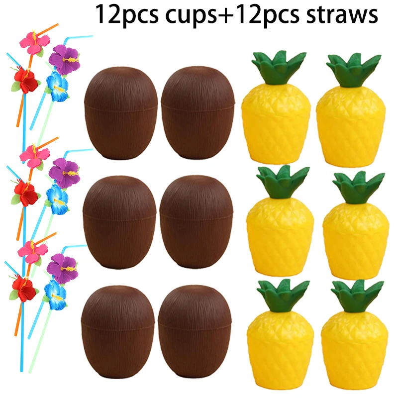 6/12pcs Hawaiian Plastic Cup Hawaiian Theme Party Decor Pineapple Cocount Straw Cup Summer Holiday Tropical Party Wedding Decor