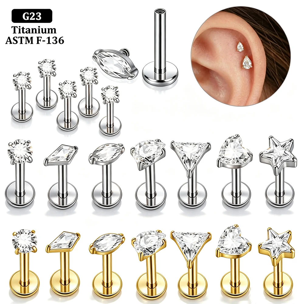 5PCS Geometry Implant Titanium Alloy CZ Paved Lip Nose Stud Internal Thread Heart Star Horseeye Drop Cartilage Tragus Helix Stud